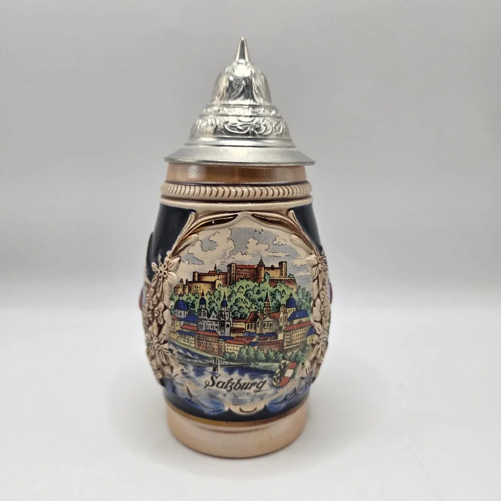 Salzburg Austria Beer Stein Lidded Pewter Cobalt Blue Relief Edelweiss Alps Mug